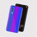 Realistic popular smartphone back and front view, bright blue color